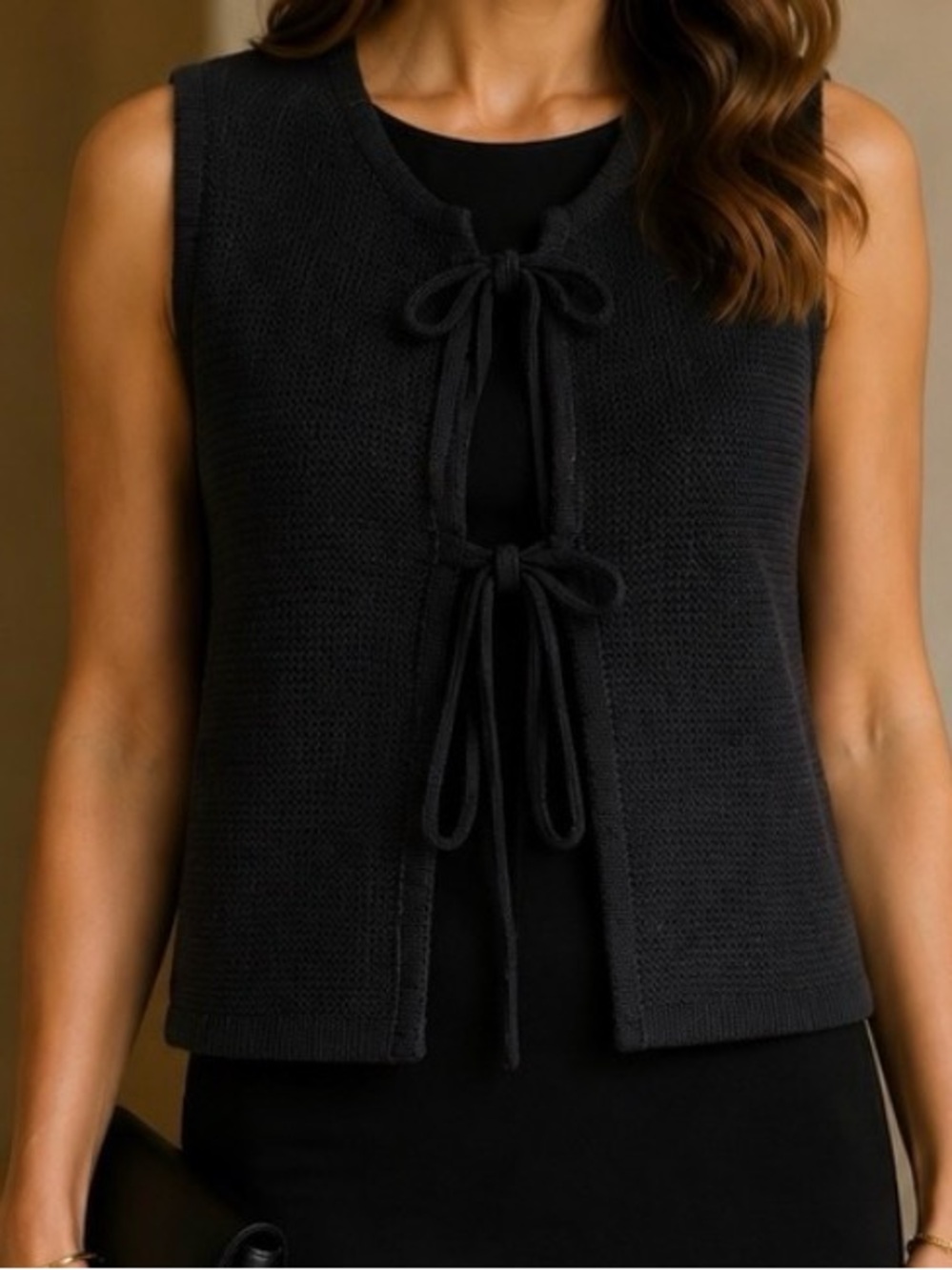 Zenana Outfitters Black Sleeveless Tie-Front Knit Vest